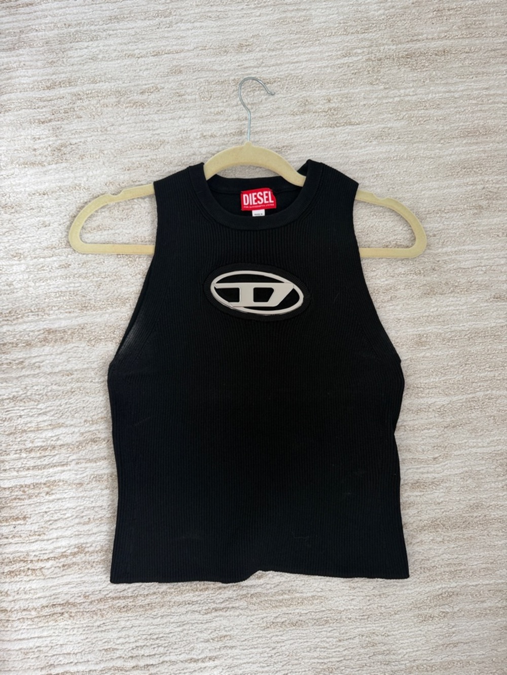 Diesel Black Ribbed Sleeveless Tank with Oval Silver Logo